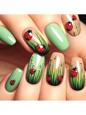 Fake Nails Ladybug 24 Press On Style Spring Flower Manicure Summer Fun Cute Glam